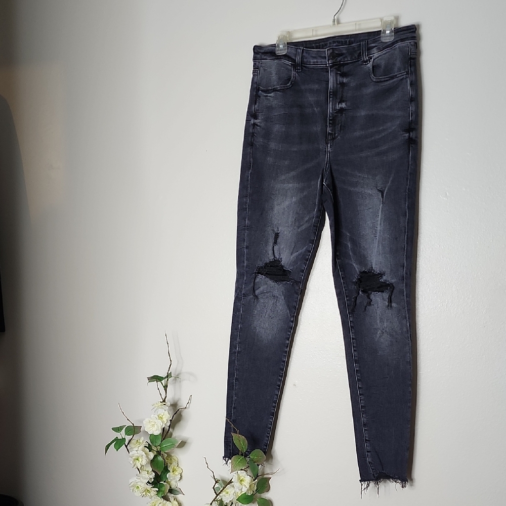 AEO Off Black Jeans Super Stretch Highest Rise Jegging Distressed XLong